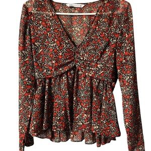 Zara Black Red Floral V-Neck Peplum Blouse
